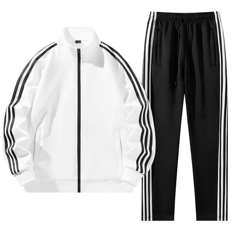 White zip jacket with black track pants, supplier image