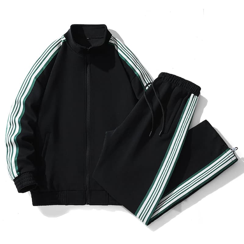 Black tracksuit with green and ivory contrast tape