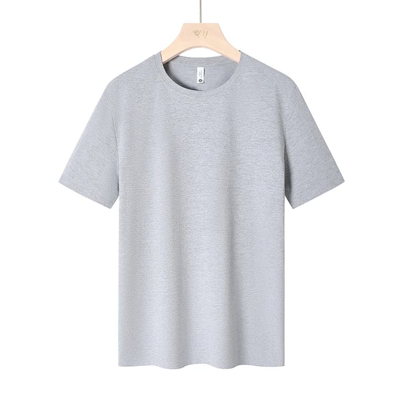 Grey crew-neck T-shirt front on hanger