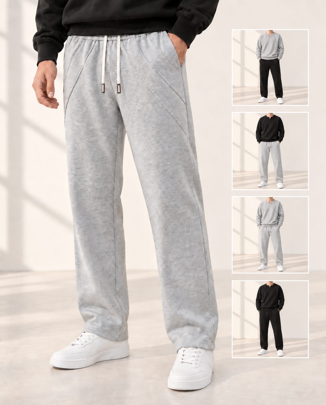 Pantalon droit à cordon de serrage · Gris et noir. Facile à porter.