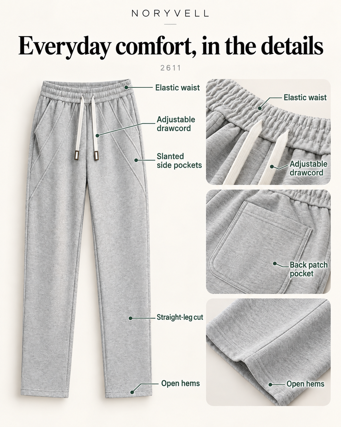 Pantalon droit à cordon de serrage · Matériau et caractéristiques